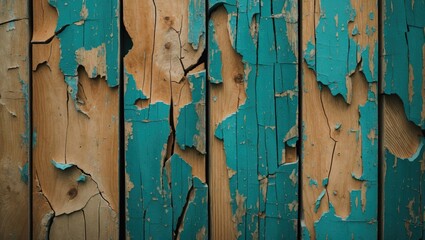 Poster - Textured wooden planks with peeling turquoise paint and natural wood grain patterns in an abstract background design