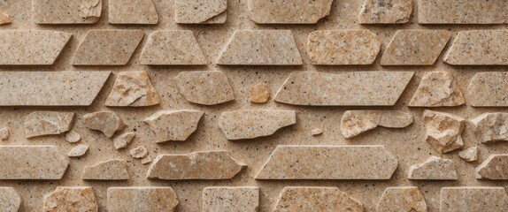 Poster - Textured wall made of irregularly shaped beige stone tiles arranged in a unique pattern with visible joints and varied stone sizes.