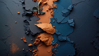 Poster - Textured surface with colorful paint layers and dried leaves in contrasting colors and shapes on dark background
