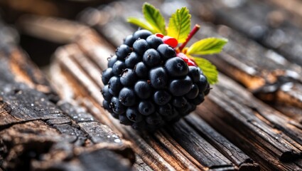 Poster - Blackberry fruit on weathered wooden surface with green leaves and red stem detail. Fresh berry close-up photograph.