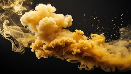 Poster - Yellow smoke explosion on black background with swirling patterns and particles