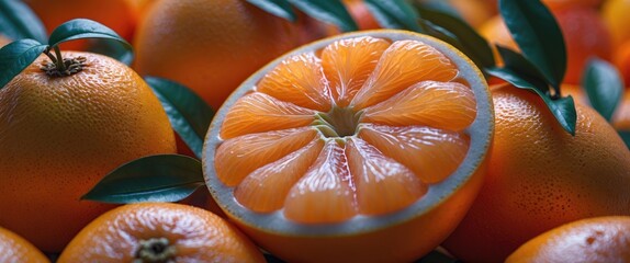 Poster - Freshly sliced orange displayed among whole oranges with green leaves on a wooden surface, showcasing juicy interior and vibrant colors.