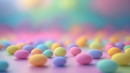Poster - Colorful pastel eggs scattered on a soft surface with a blurred vibrant background for seasonal celebrations and decorations.