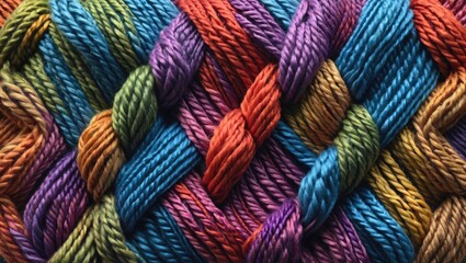 Poster - Colorful braided yarn texture with intricate patterns in shades of blue, green, orange, purple, and red.