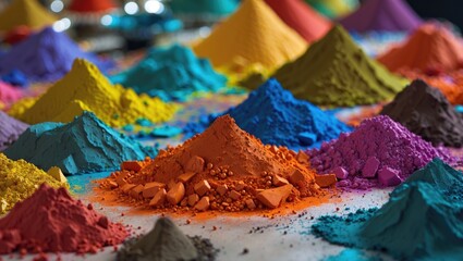 Poster - Colorful piles of powdered pigments in various hues arranged on a flat surface creating a vibrant and artistic display