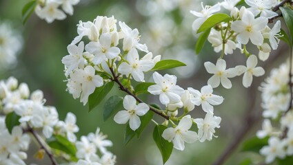 Poster - Branch of white flowers with green leaves against a blurred natural background in spring season.