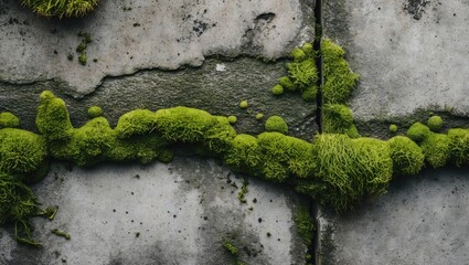 Poster - green moss growing on a textured concrete wall, showcasing natural patterns and organic growth in an