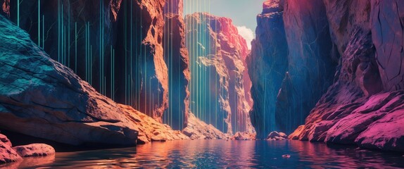 Poster - Colorful canyon landscape with water reflecting vibrant light and decorative vertical lines in a surreal mountainous environment