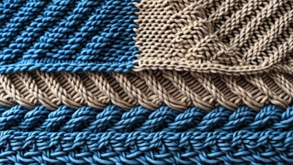 Poster - Blue and beige woven textures with different patterns of knitting and stitching in close-up view