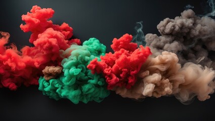 Poster - Colorful smoke clouds in vibrant red, green, brown and gray against a dark background creating an abstract visual effect.