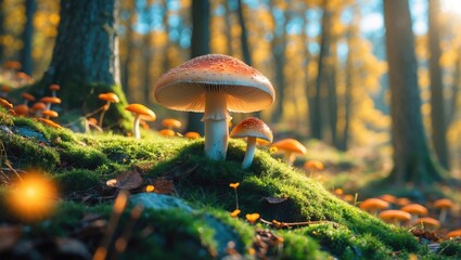 Poster - Mushrooms growing in vibrant forest during autumn with sunlight filtering through trees and moss-covered ground.