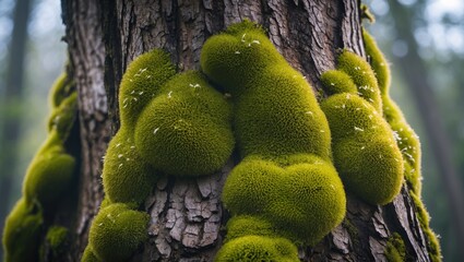 Poster - moss covered tree bark texture with vibrant green coloration and natural forest background in soft f