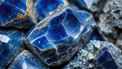Poster - Blue mineral stones with crystalline structure and rough texture in natural setting. Close-up view highlighting blue and gray hues.