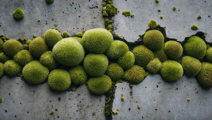 Poster - thick cluster of green moss and lichen on a cracked concrete surface in natural light close-up detail