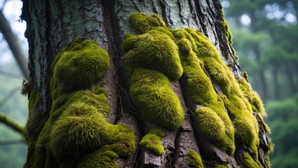 Poster - Moss growing on the trunk of a tree in a forest environment under natural light showcasing texture and green hues
