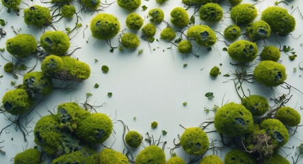 Poster - Vibrant green moss clusters with small leaves on a light background creating a natural textured frame for compositions.