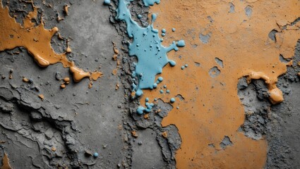 Poster - Textured surface with blue and orange paint splashes on a gray concrete background