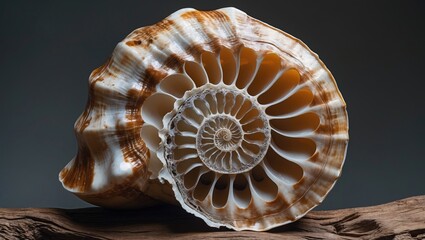 Poster - Detailed close-up of a conch shell displaying intricate spiral patterns and textures against a dark background with natural wood support.