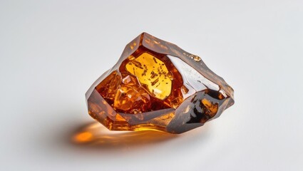 Poster - Amber gemstone with natural inclusions reflected in light against a plain background