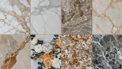 Poster - Marble texture collection featuring various patterns and colors including beige, gray, and gold with floral elements in center arrangement.