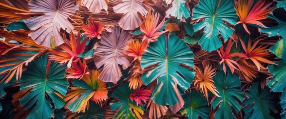 Poster - Colorful tropical leaves background texture in shades of green, orange, and pink arranged in an organic pattern.