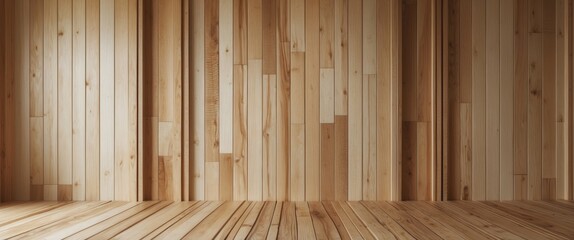 Poster - Wooden wall and floor interior background with natural light and smooth texture in a minimalist style