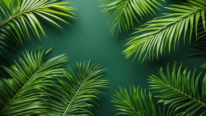 Poster - Tropical palm leaves on green background creating a natural frame with lush foliage and vibrant colors