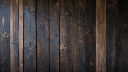 Poster - Dark wooden textured wall with vertical planks in various shades of brown and black for background or design use