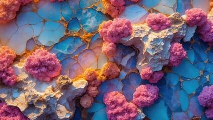 Poster - Colorful mineral formations with pink and blue hues creating a textured surface in natural geological rock structure.