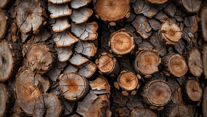 Poster - Close-up texture of tree bark with cross-sections of cut wood revealing tree rings and natural patterns in earthy tones