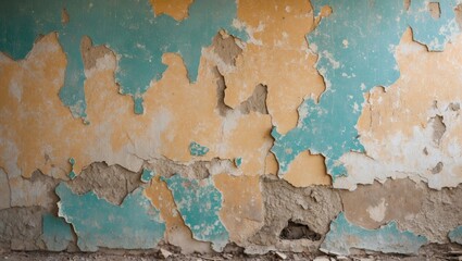 Poster - Peeling paint and cracked plaster texture on an old wall with green and beige colors in a weathered condition