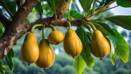 Yellow tropical fruit hanging from a branch among green leaves in a natural setting outdoors.