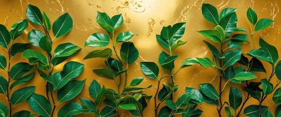 Poster - Green foliage with shiny leaves on a gold textured background with water droplets artistic arrangement natural design elements