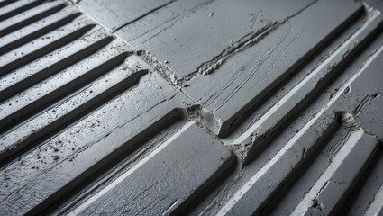Poster - Textured surface of gray concrete with linear grooves and cracks in close-up detail, showcasing industrial design features
