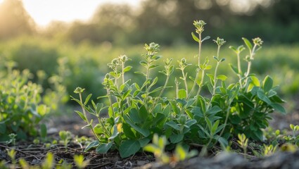 Poster - Green plants growing in a field during sunset with soft sunlight illuminating the foliage and soil in a rural setting