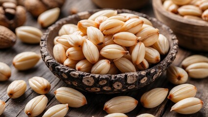 Poster - white seeds in a textured wooden bowl with scattered seeds on a rustic wooden surface in natural lig