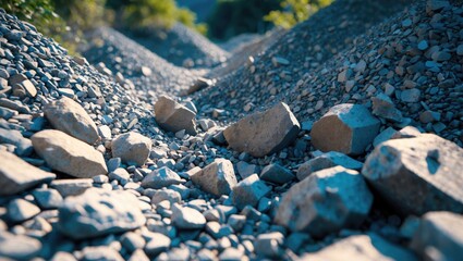 Poster - Gravel and stones scattered unevenly in a natural landscape with sunlight highlighting textures and contours of the rocks.