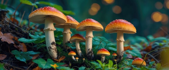 Poster - Vibrant group of red and orange mushrooms growing in a lush forest environment with scattered leaves and soft blurred background lights