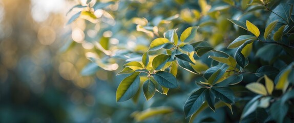 Poster - Green leaves with soft sunlight illuminating foliage in blurred background for natural and botanical themes