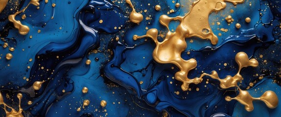Aufkleber - Abstract blue and golden fluid art background with organic shapes and glossy texture in a contemporary design style