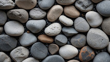 Poster - collection of assorted smooth pebbles and stones in various shapes and colors arranged on a flat sur