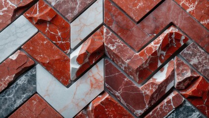 Poster - Red and white chevron patterned marble tiles with varying textures and shades arranged in a geometric design