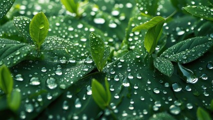 Poster - Green leaves covered in water droplets with natural sunlight, representing freshness and nature's beauty.