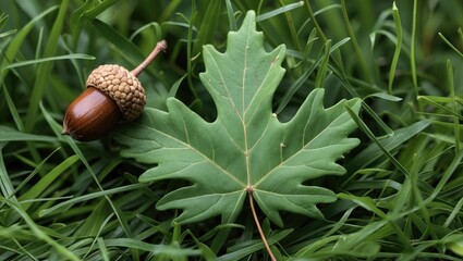 Poster - Acorn lying next to a maple leaf on lush green grass in natural outdoor setting close-up shot