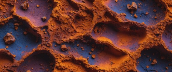 Poster - textured surface of rusty metal with orange and blue coloration and irregular patterns of pitting an