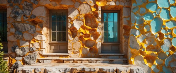 Poster - Colorful stone exterior wall with large rocks and two windows in a modern architectural design.