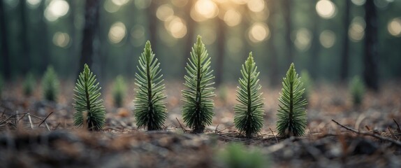 Poster - Young evergreen trees in a forest during sunrise with soft light and blurred background, showcasing new growth and pine needles.