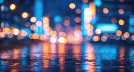 Poster - abstract blurred background of city lights with bokeh effect reflecting on wet pavement at night cre