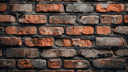 Poster - Old weathered brick wall with a mix of orange and gray bricks in a horizontal arrangement