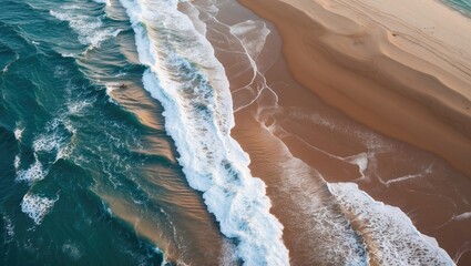Poster - Aerial view of ocean waves crashing onto sandy beach under natural light with clear blue water and gentle shoreline contours